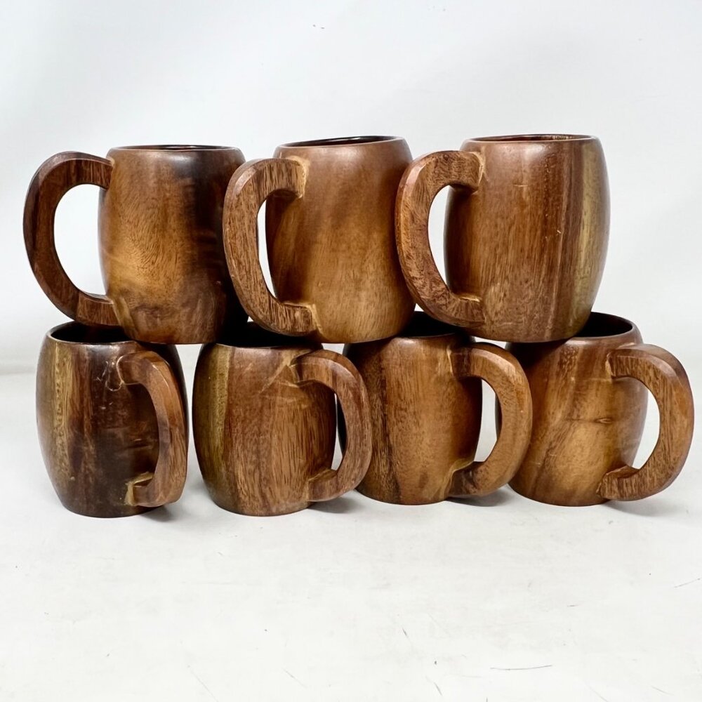 Vintage Monkey Pod Unmarked MCM All Wood Mugs Set of 7 Handles 4”‎ Tall